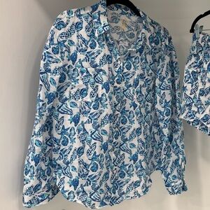 Lilly Pulitzer Sea View Button up long sleeve linen Shell Collector Top GUC M